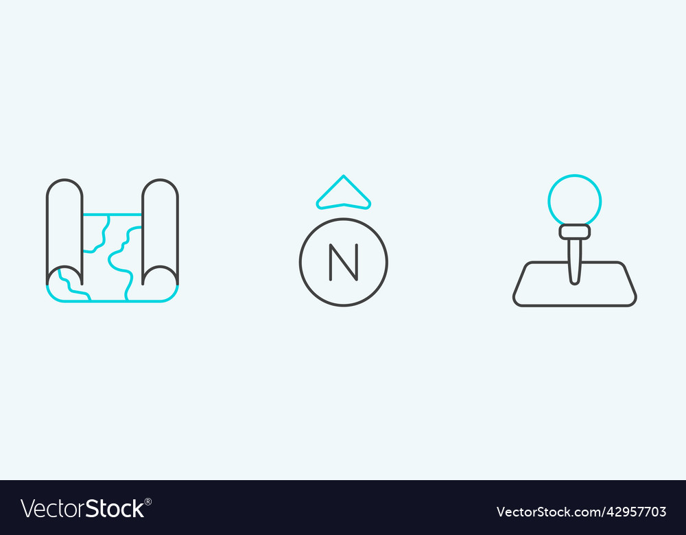 Set line push pin folded map and compass icon vector image Set line push pin folded map and compass icon