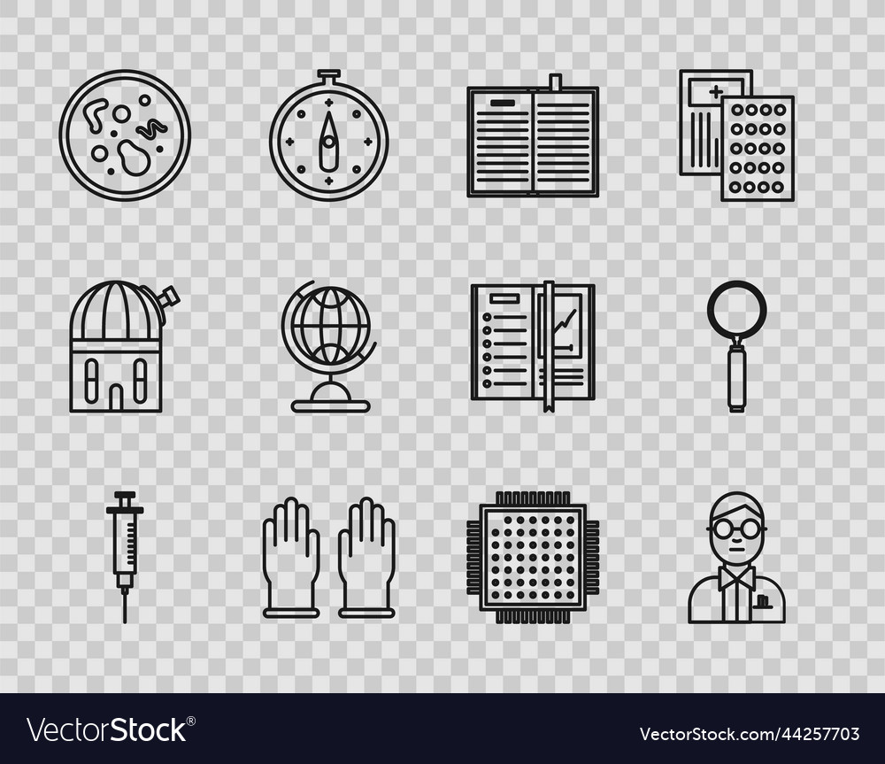 Set line syringe scientist open science book vector image Set line syringe scientist open science book