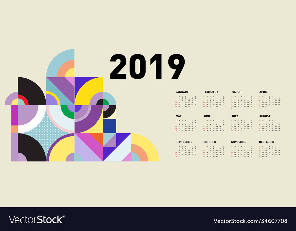 2019 calendar design template with colorful