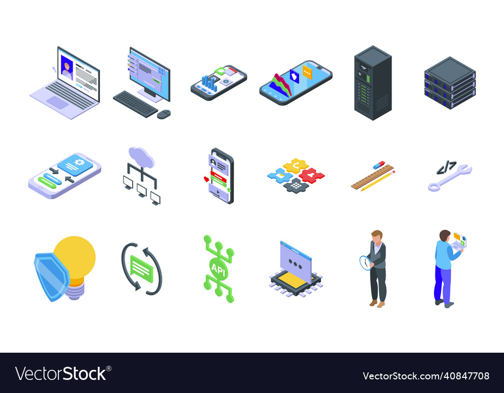 Api icons set isometric computer develop code