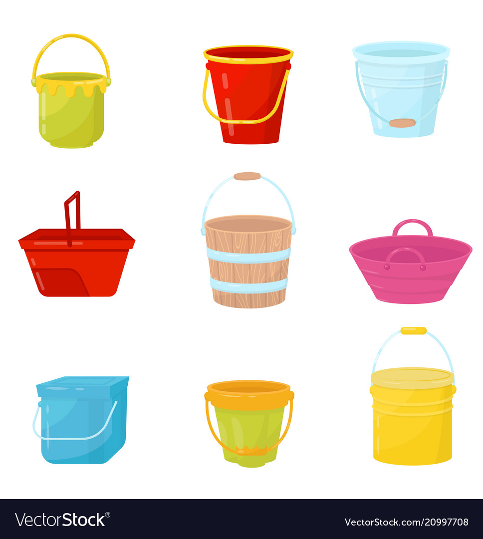 Flat set of colorful buckets plastic