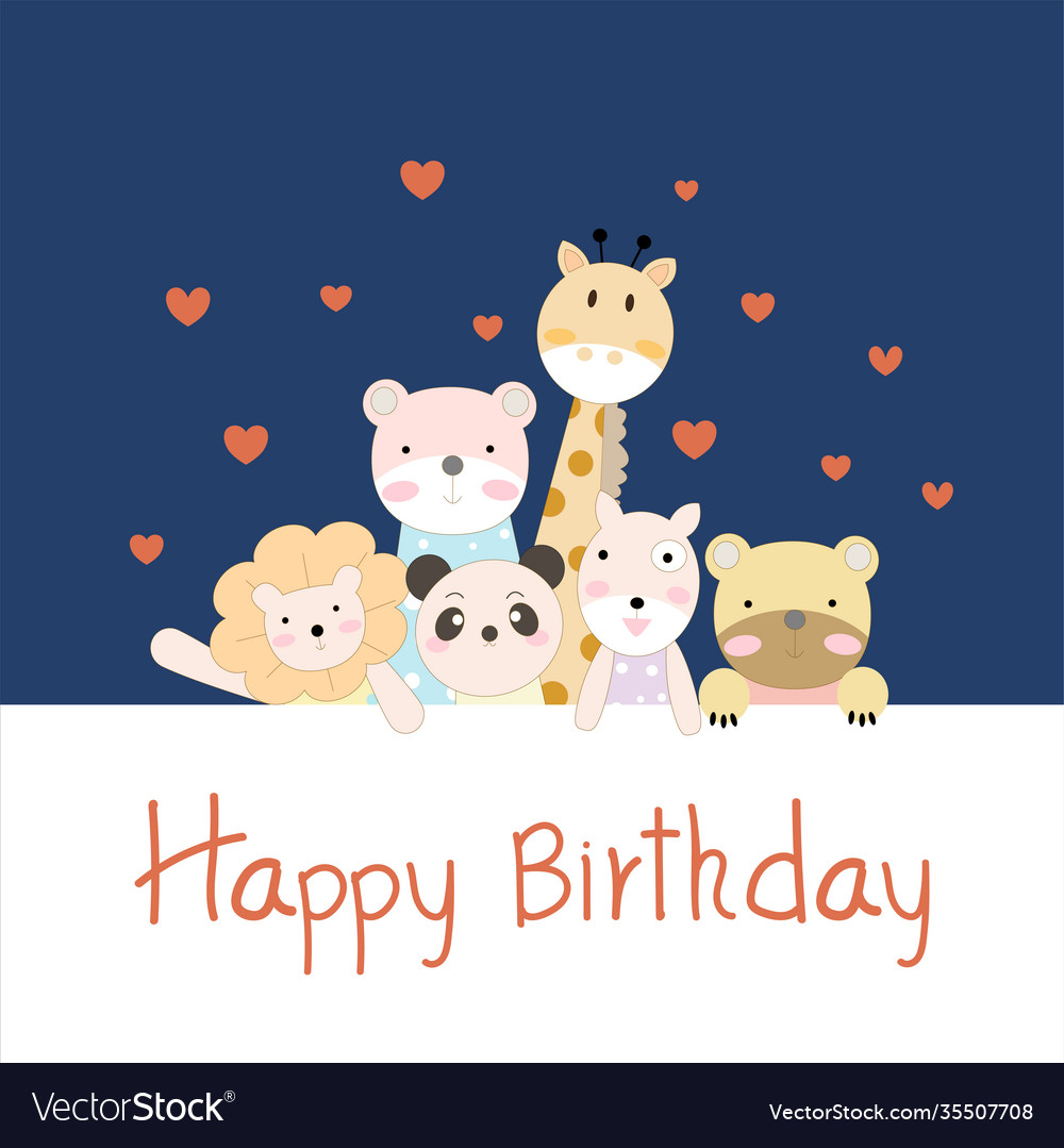 Happy birthday card background with animals group vector image Happy birthday card background with animals group