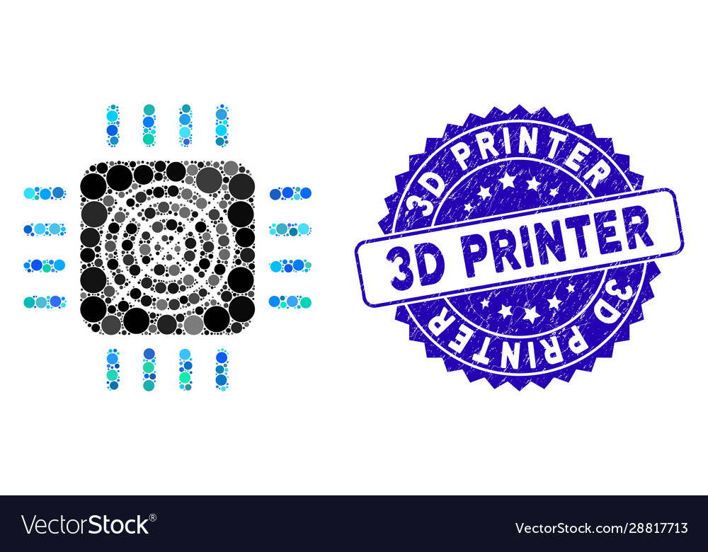 Collage asic processor icon with grunge 3d printer vector image Collage asic processor icon with grunge 3d printer