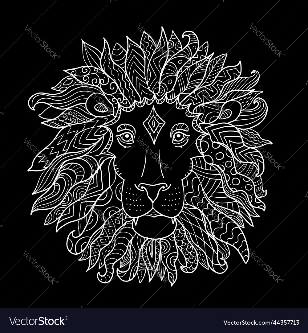 Hand drawn outline lion head decorated