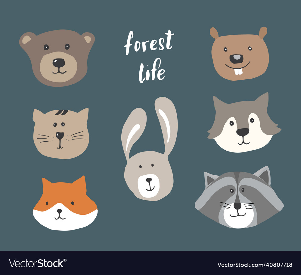 Cute animal heads cartoon forest wildlife animals