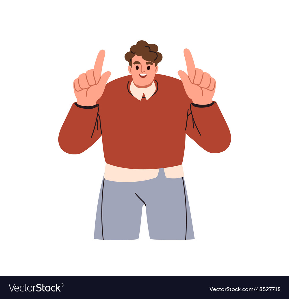 Happy man pointing up with index fingers smiling vector image Happy man pointing up with index fingers smiling