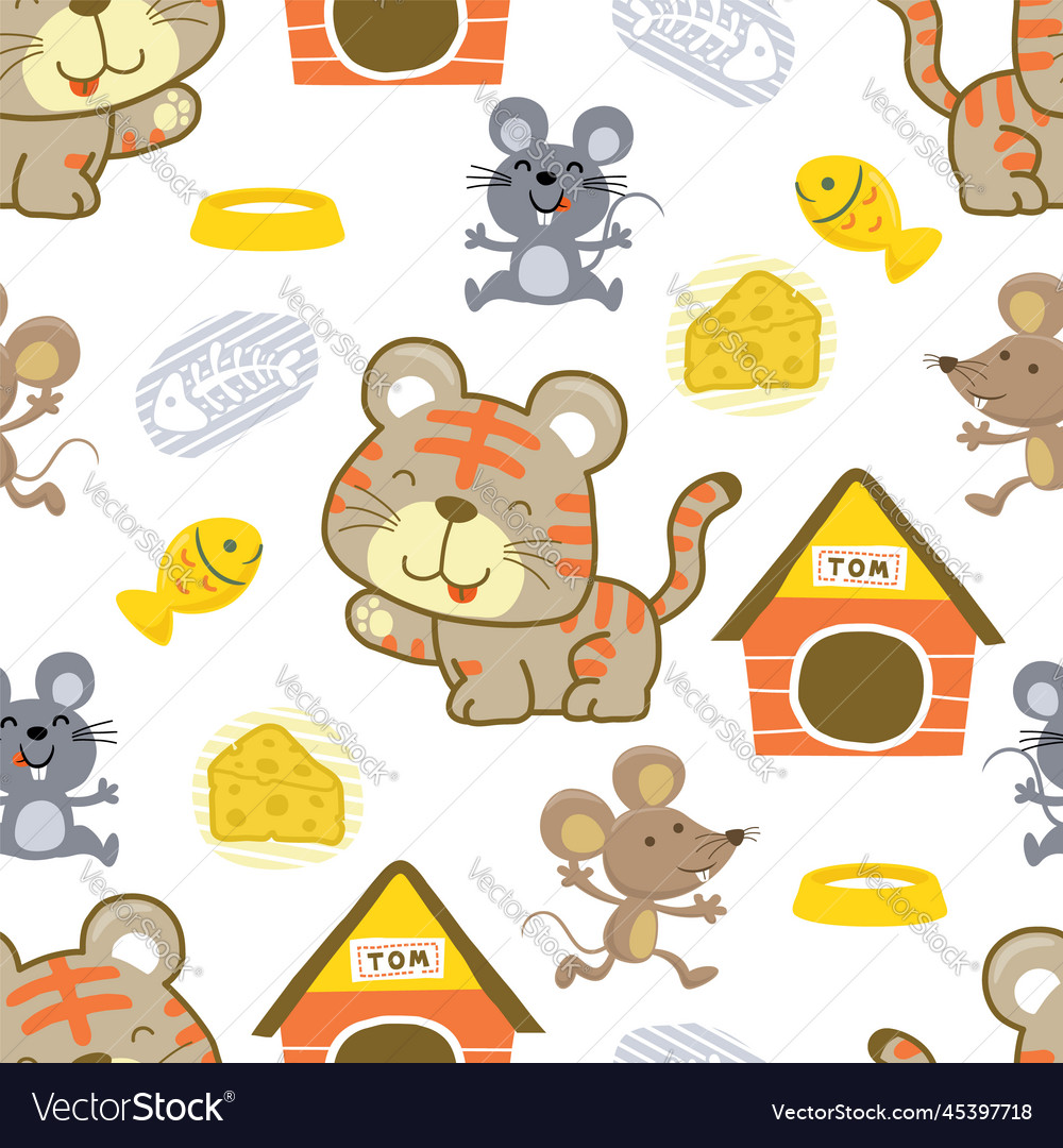 Seamless pattern of cat and mouse with pet element Vector Image Seamless pattern of cat and mouse with pet element