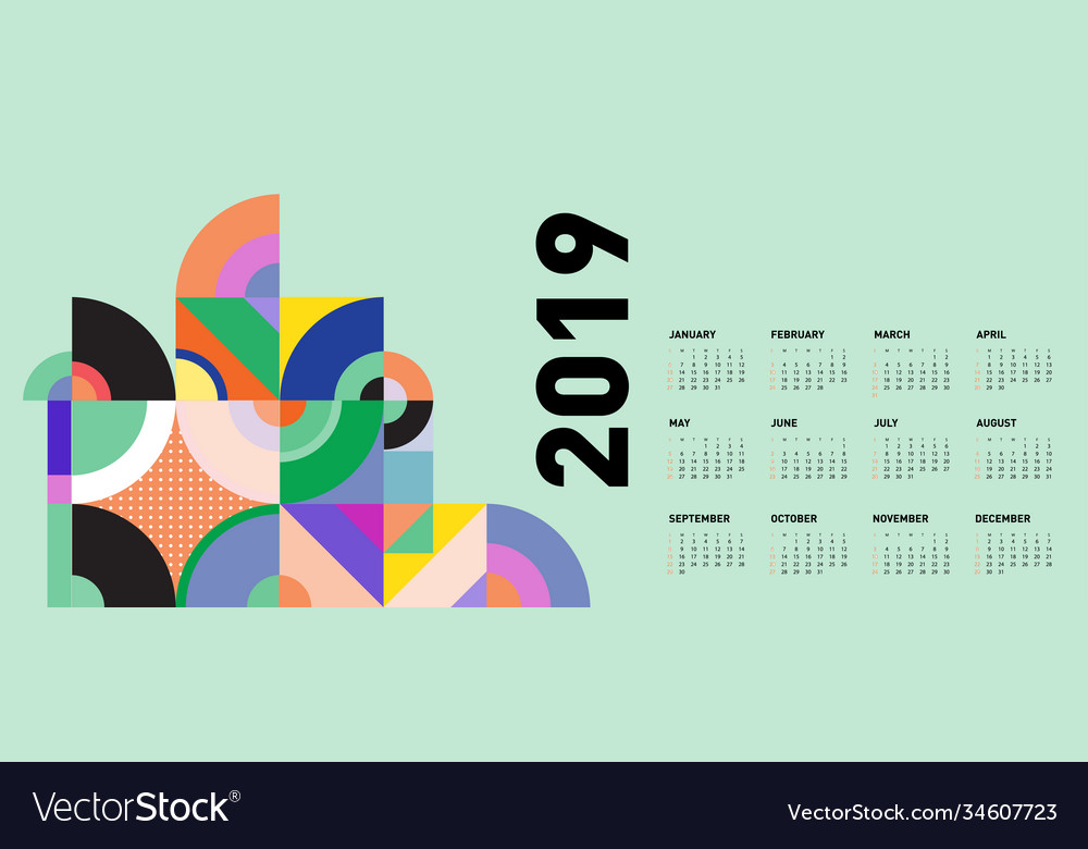 2019 calendar design template with colorful