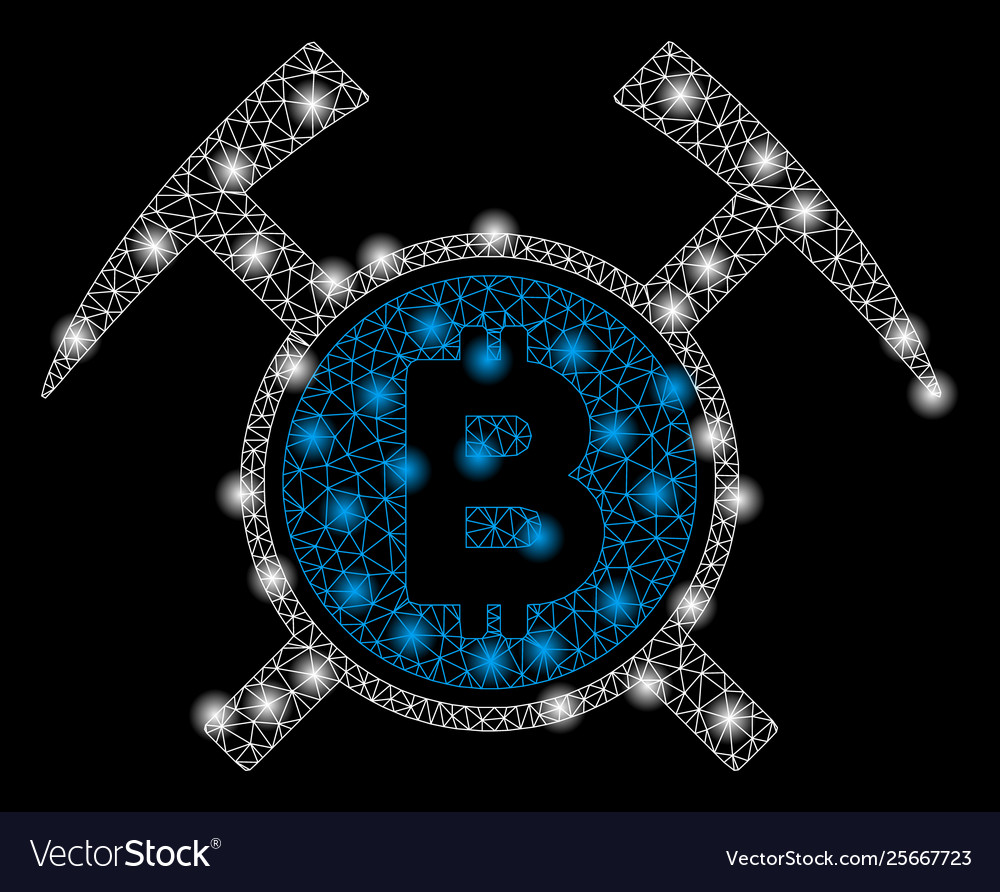 Bright mesh 2d bitcoin mining hammers with flash vector image Bright mesh 2d bitcoin mining hammers with flash