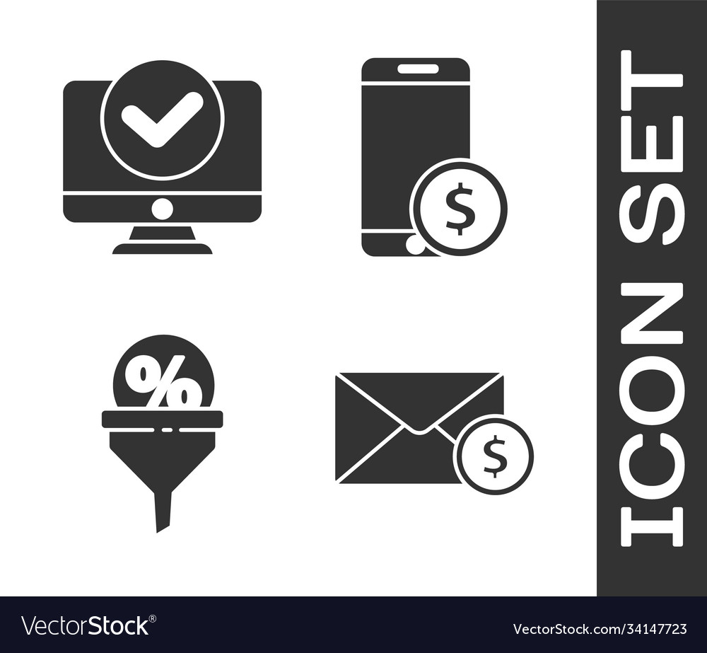 Set envelope with coin dollar computer monitor vector image Set envelope with coin dollar computer monitor