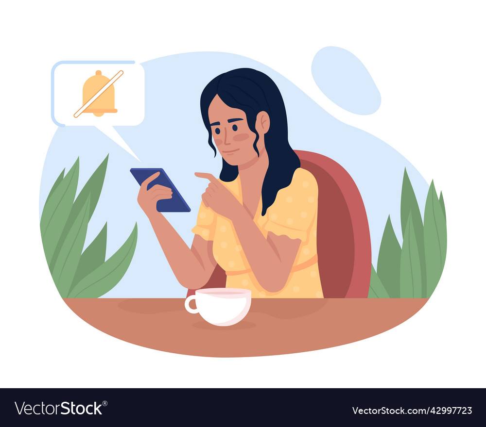 Woman turning off notifications on phone 2d