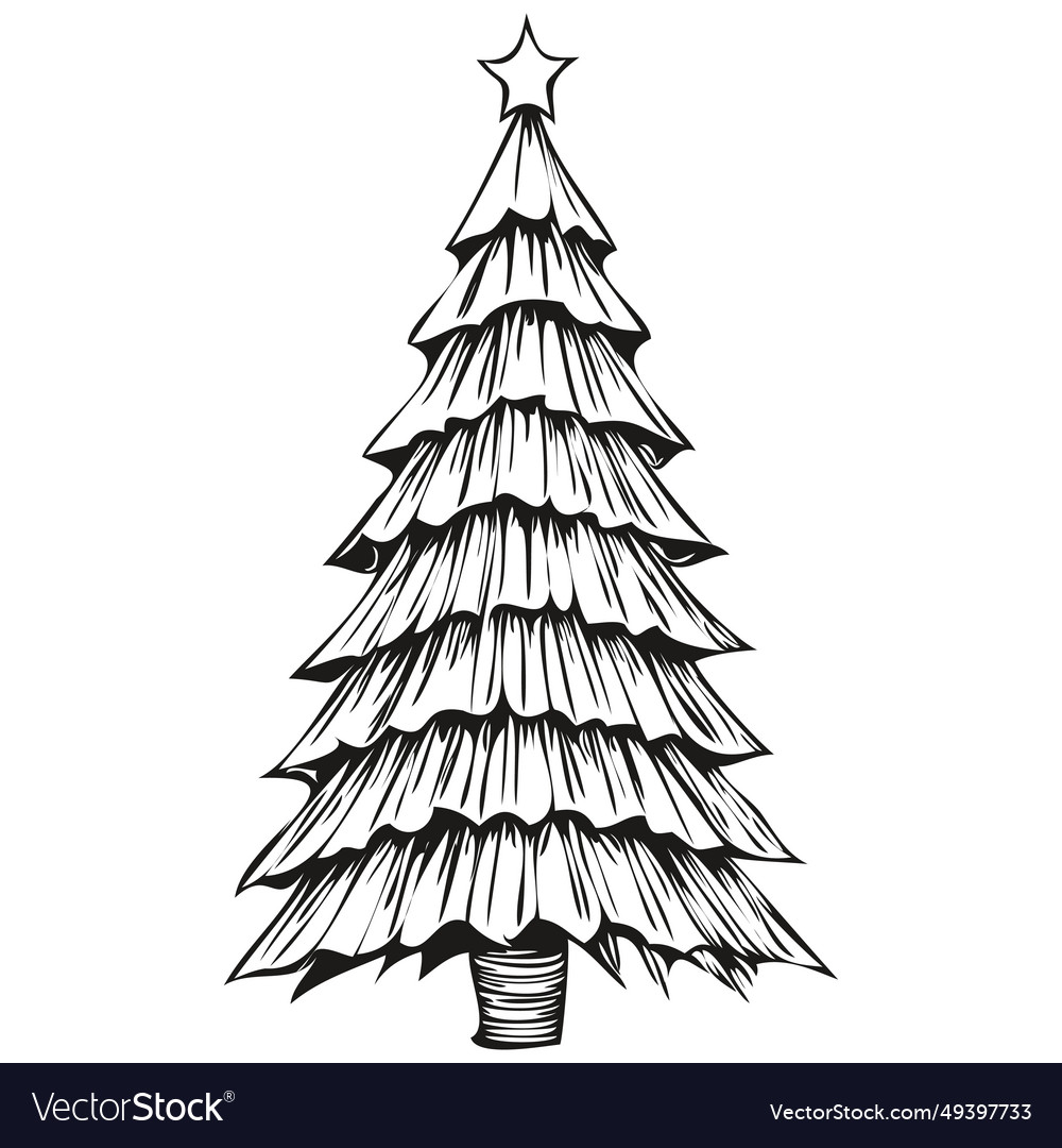 Christmas tree drawing in black and white hand Vector Image