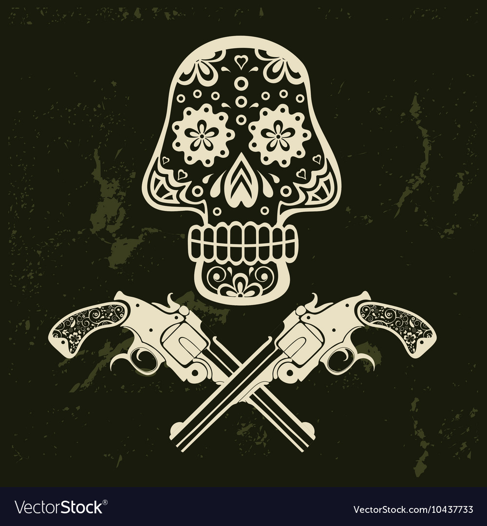 Hand drawn skull with guns Royalty Free Vector Image