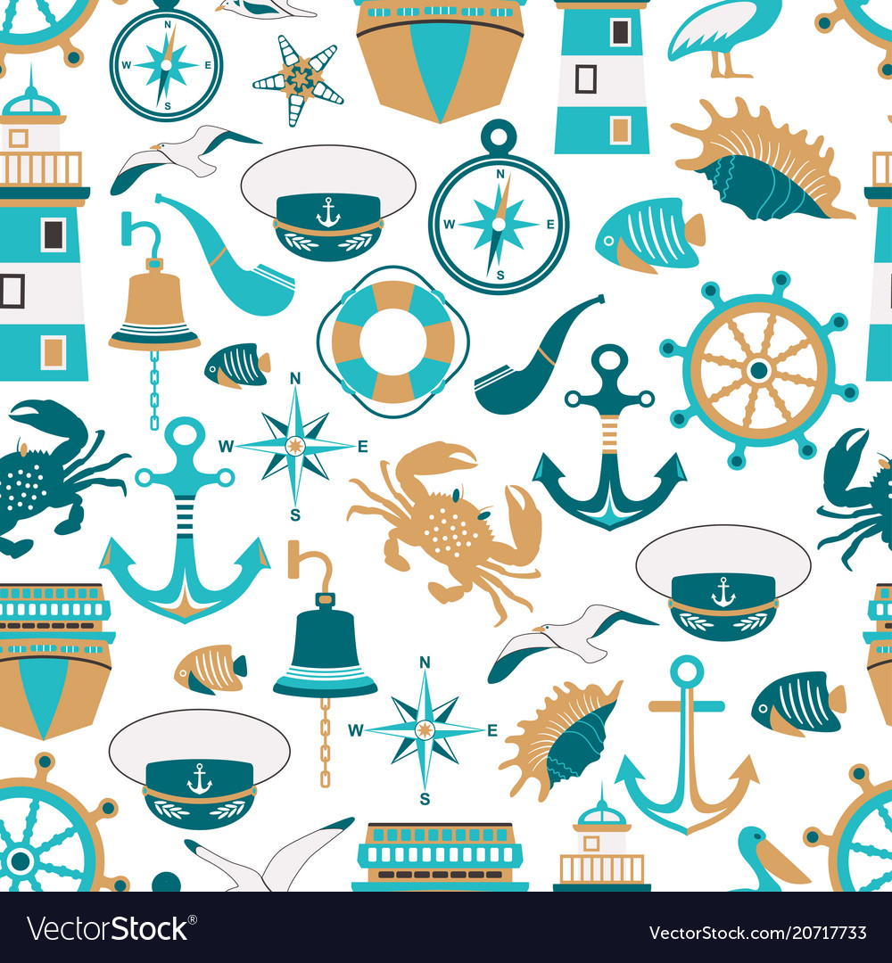 Seamless pattern of nautical design elements vector image Seamless pattern of nautical design elements