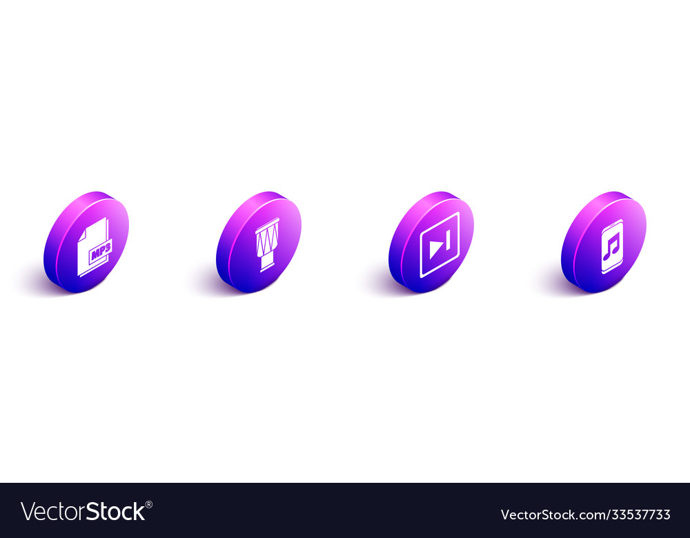 Set isometric mp3 file document drum fast vector image Set isometric mp3 file document drum fast