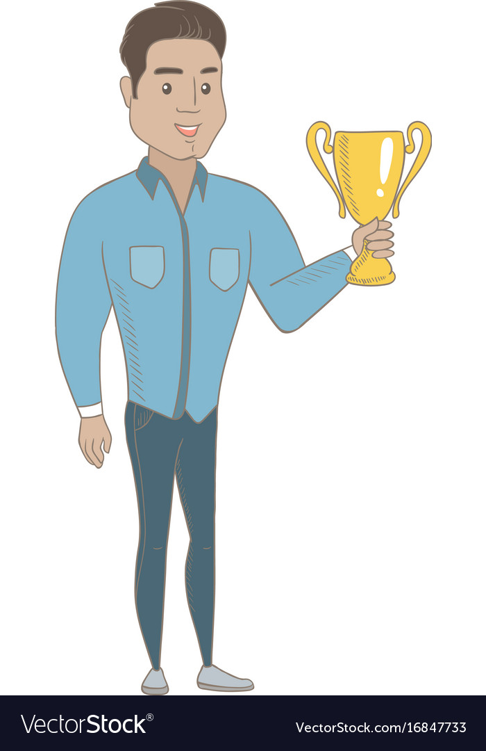 Young hispanic businessman holding a trophy Vector Image