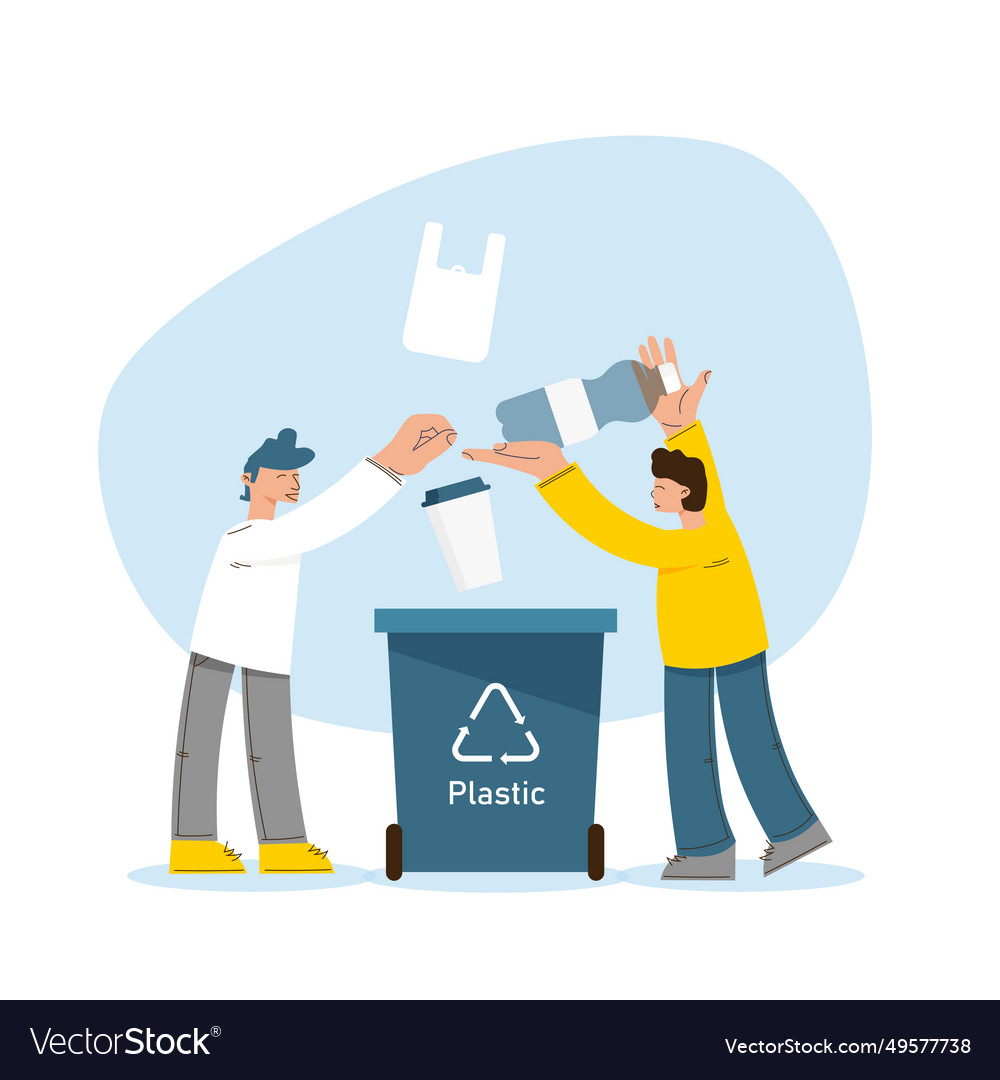 People putting plastic trash into recycling bin Vector Image