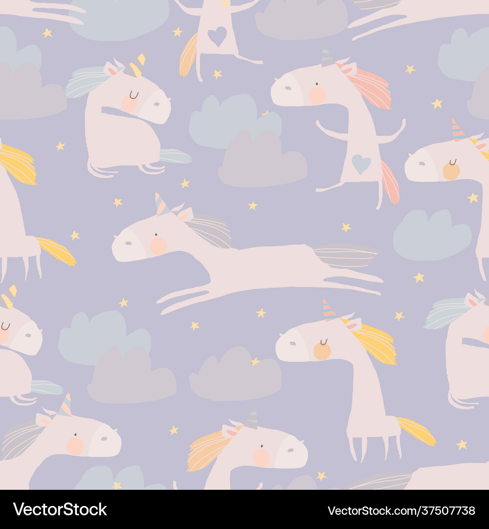 Seamless pattern with cute unicorns clouds Vector Image