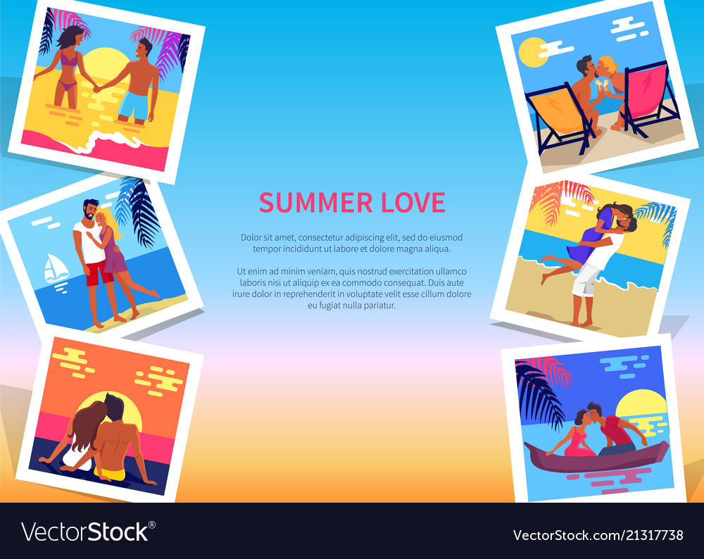 Summer love poster with couples on vacation photos