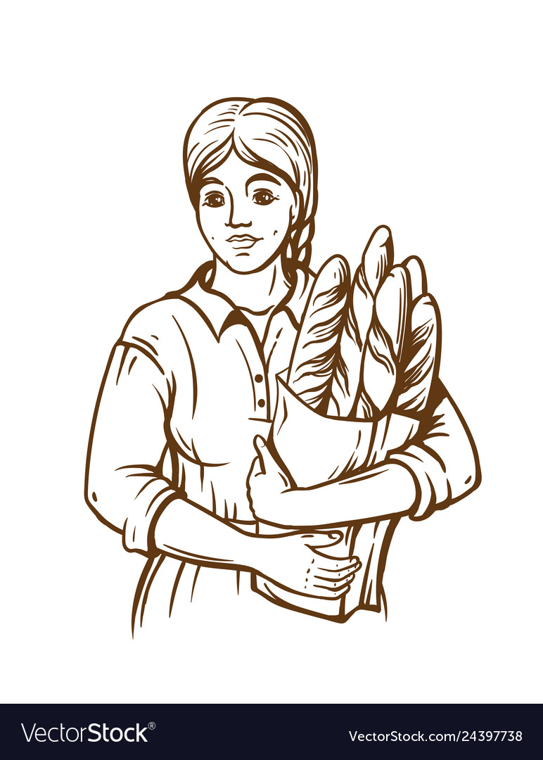 Frau halten ein Paket frische Brot Hand zeichnen