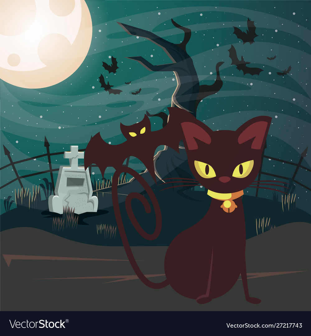 Halloween dark scene with black cat Royalty Free Vector