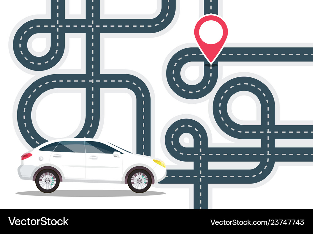 Road map with white car on start and red pin Vector Image