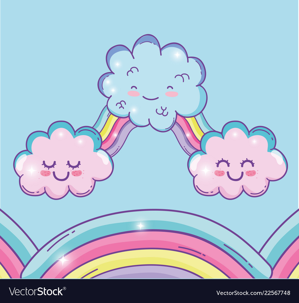 Cute rainbow with kawaii fluffy clouds Royalty Free Vector