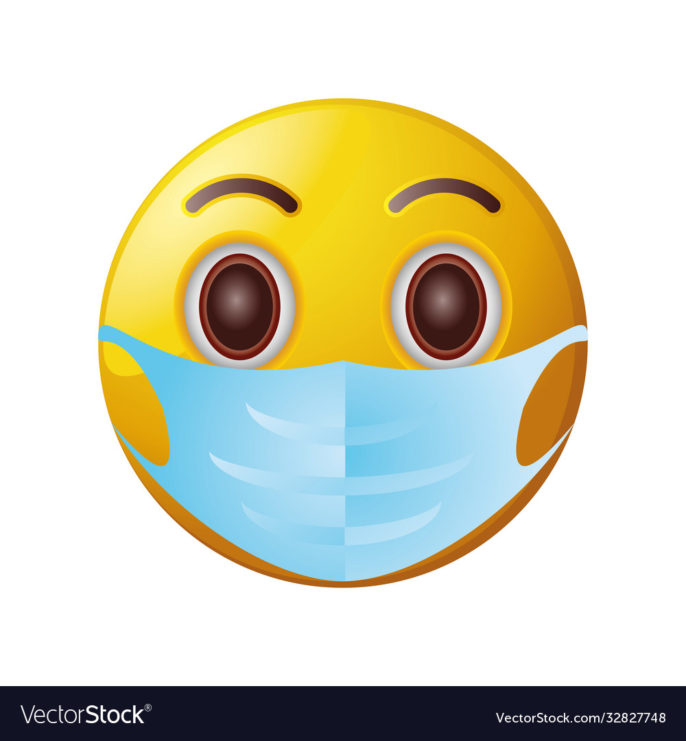 Emoticon with medical mask on white background