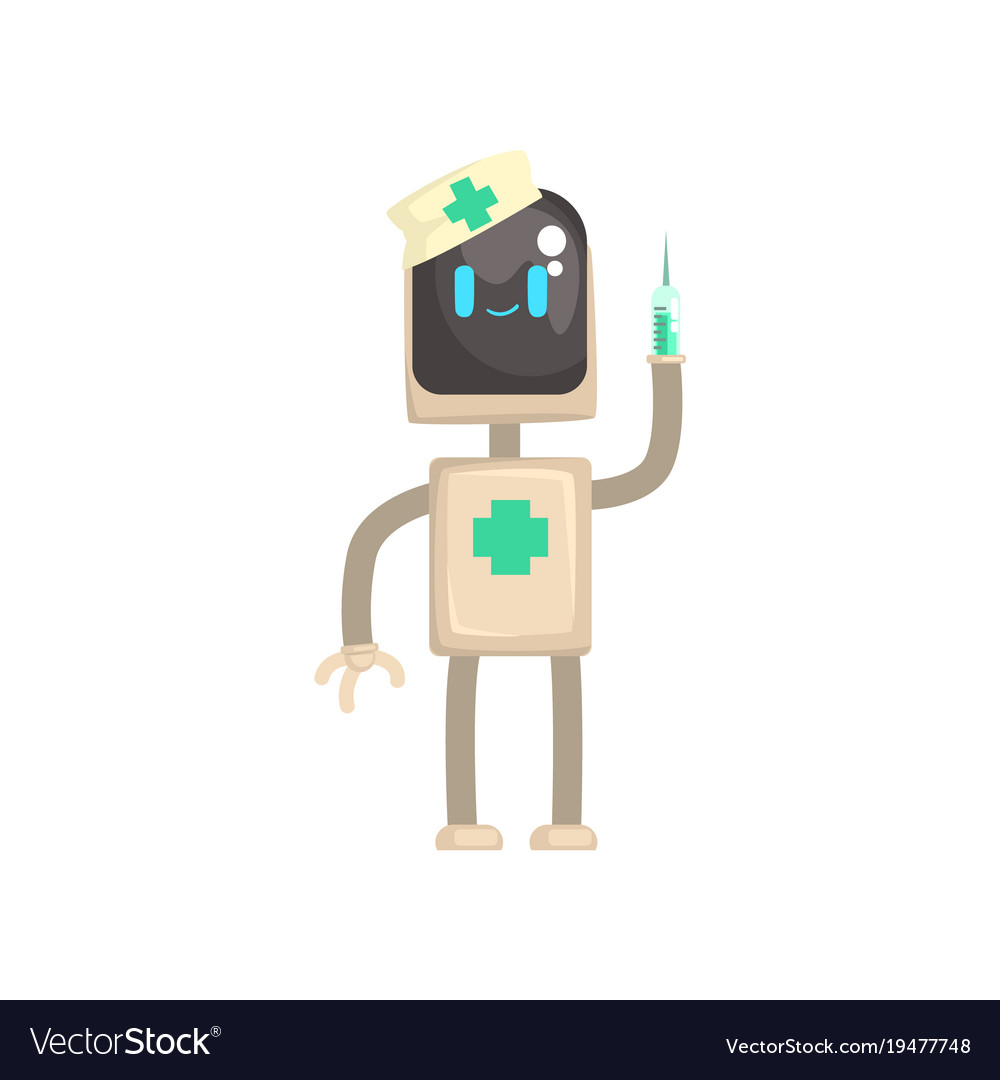 Robot doctor character android with syringe