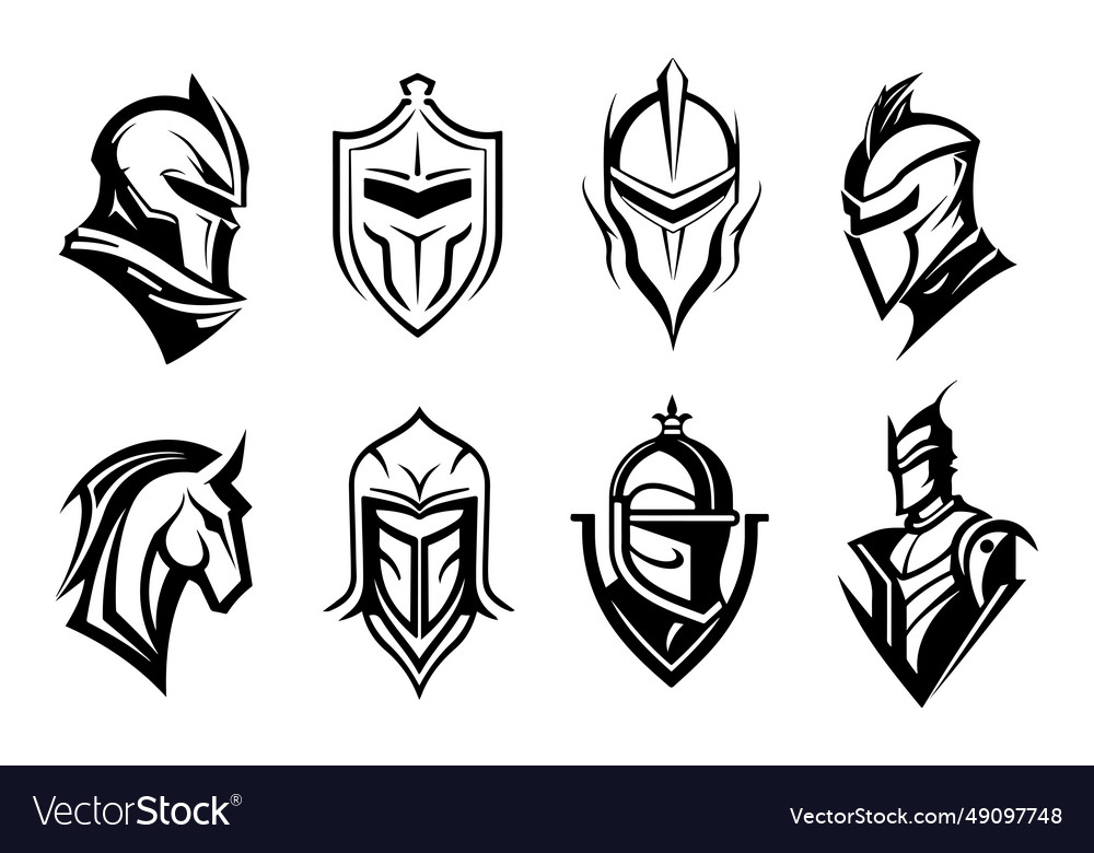 Warrior helmets black icons or logos set knight vector image Warrior helmets black icons or logos set knight