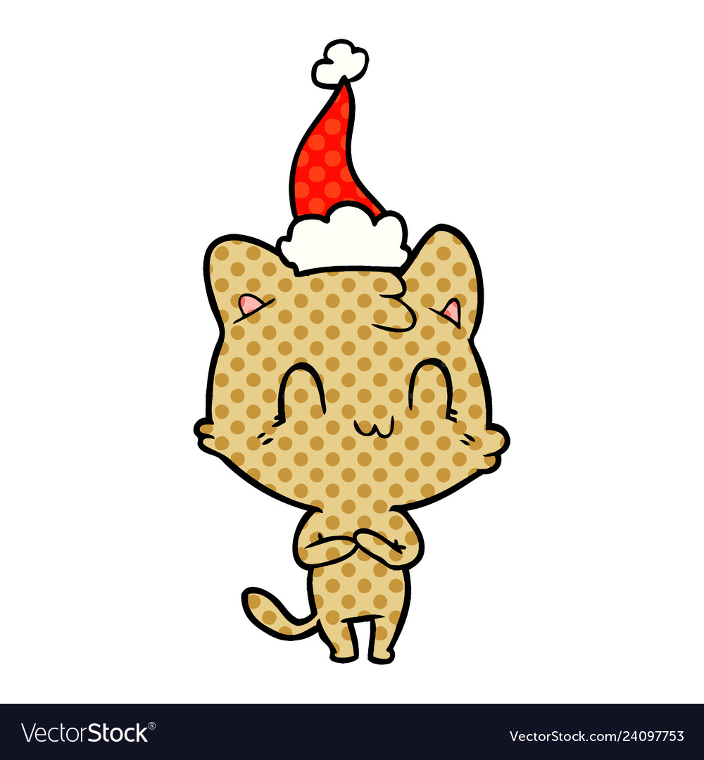 Comic book style of a happy cat wearing santa hat