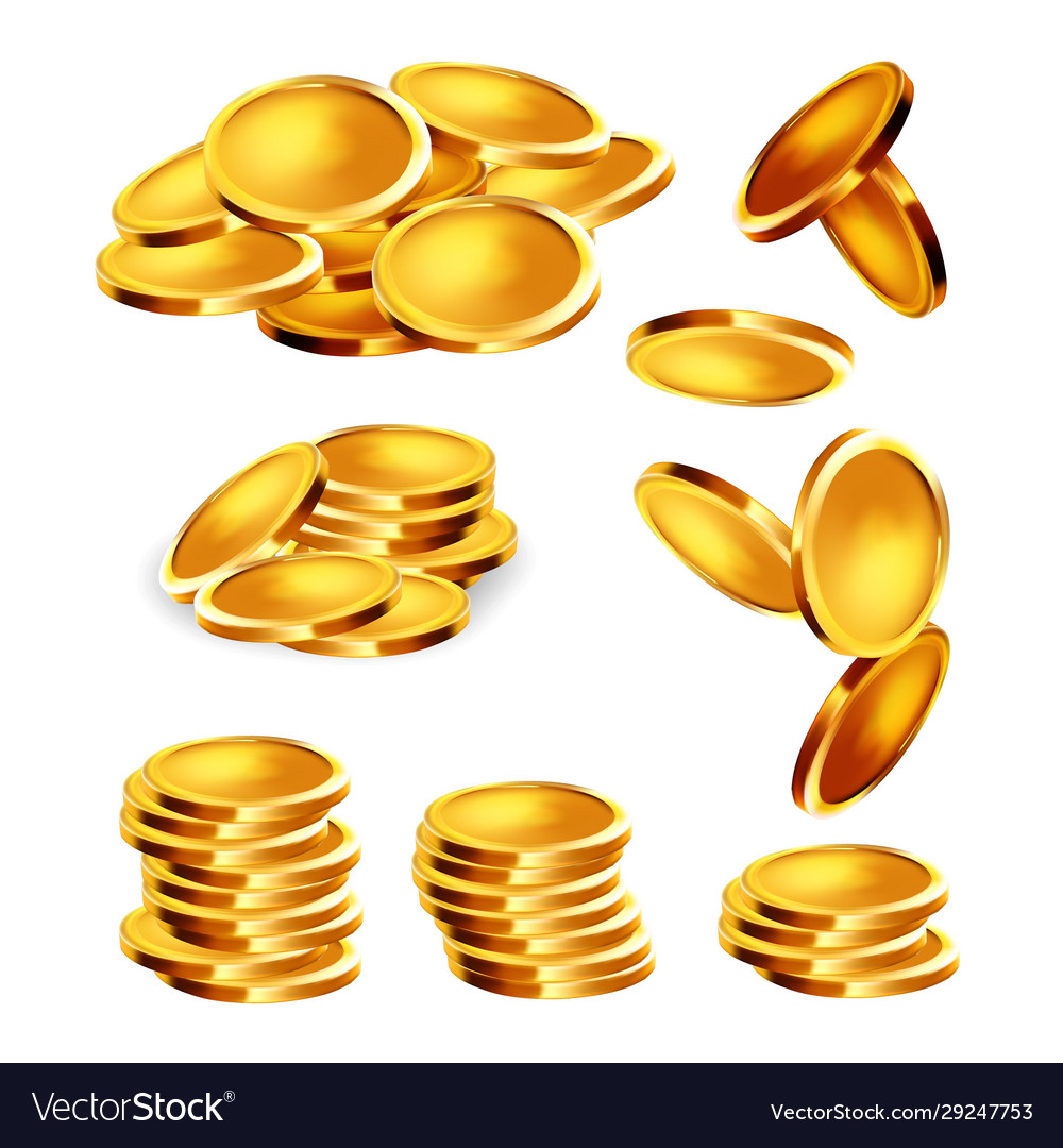 Golden coin stack heap and falling set Vector Image Golden coin stack heap and falling set