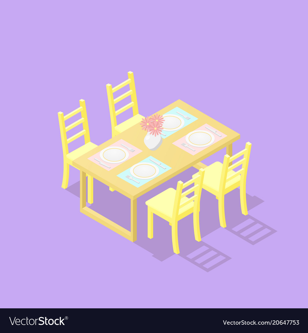 Low poly isometric dining table with chairs