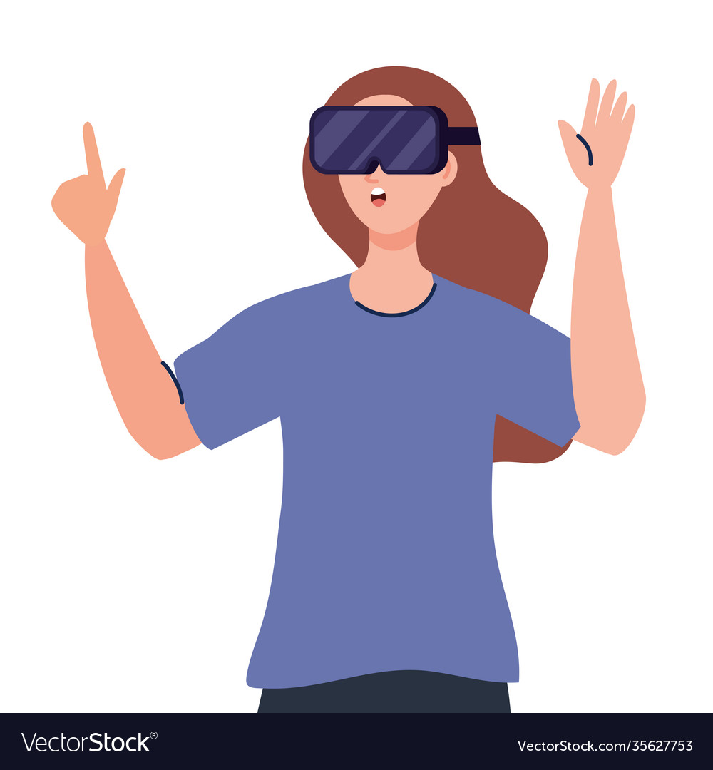 Woman using reality virtual mask technology device