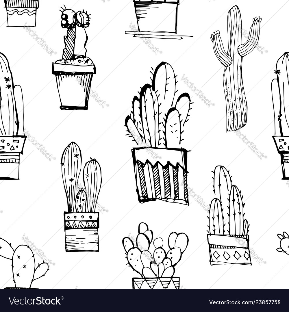 Handdrawn seamless pattern with cacti vector image Handdrawn seamless pattern with cacti