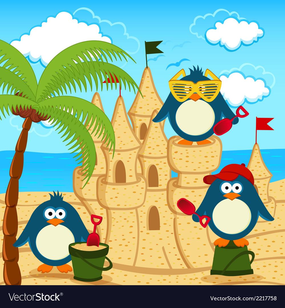 Penguin built sand castle Royalty Free Vector Image