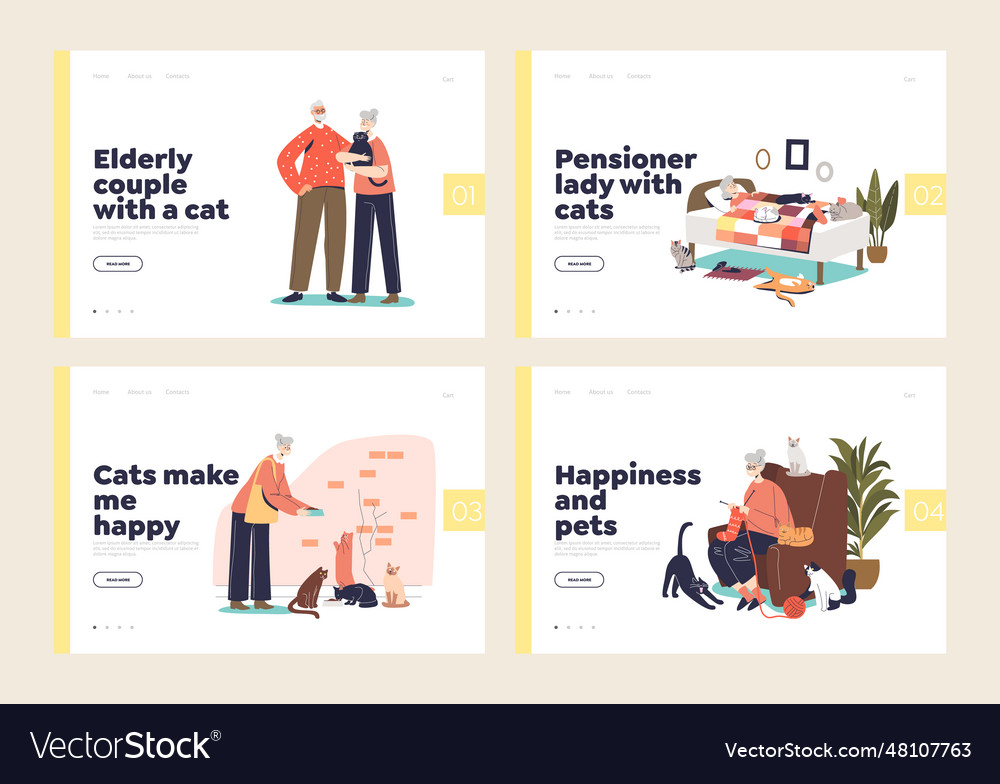 Aged people and cats set of landing pages