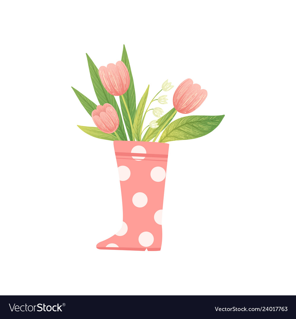 Bouquet of pink tulips in rubber boot hello