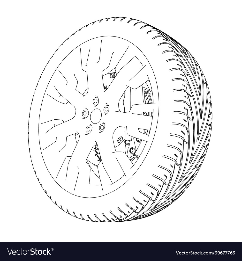 Car wheel contour from black lines isolated Vector Image