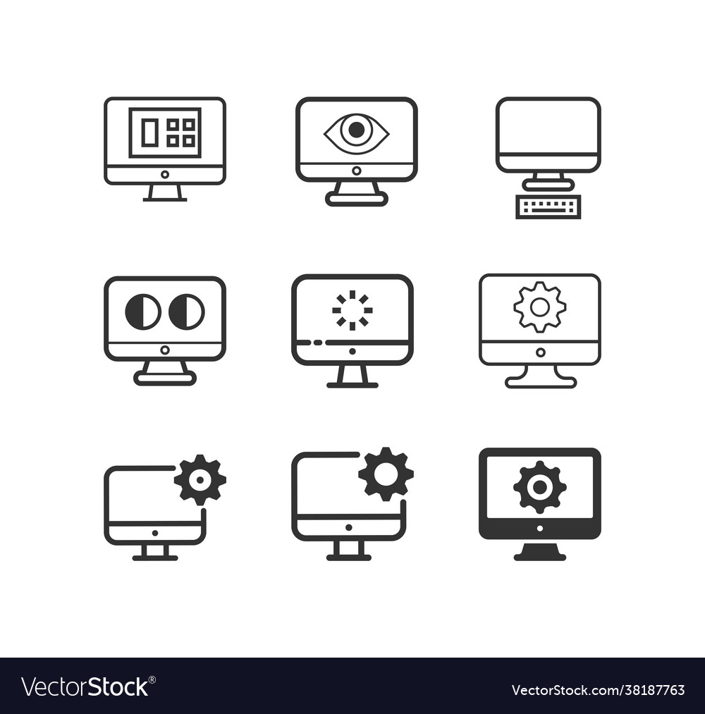 Computer monitor screen line icon set