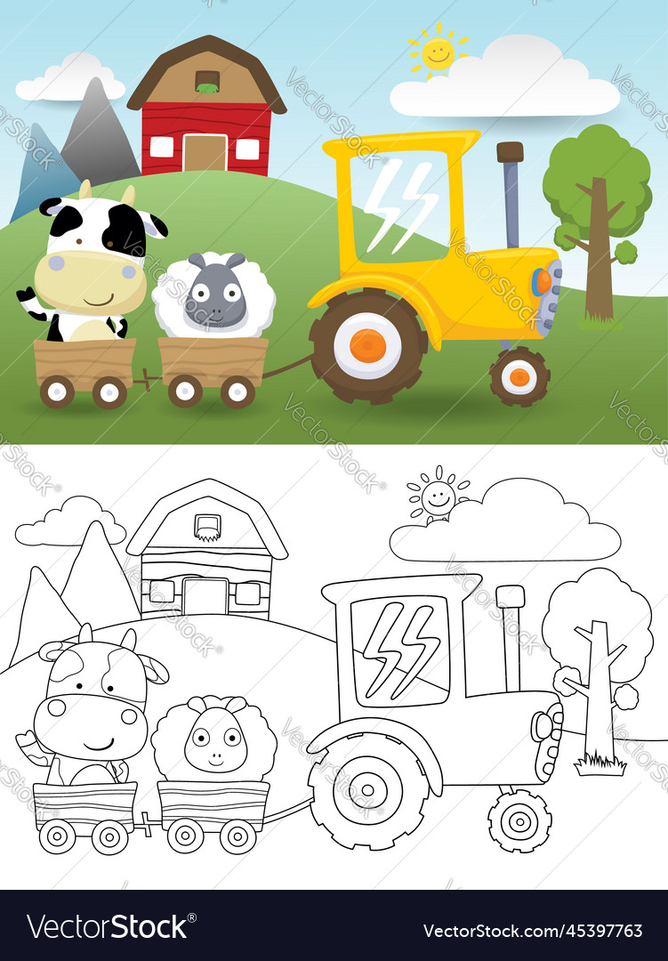 Bauernhof Tiere Karikatur auf dem Wagen Zug durch Traktor