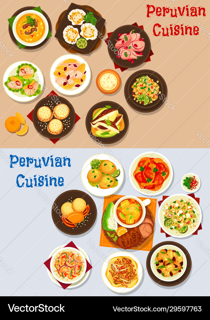 Peruvian cuisine fish meat and vegetable dishes Vector Image