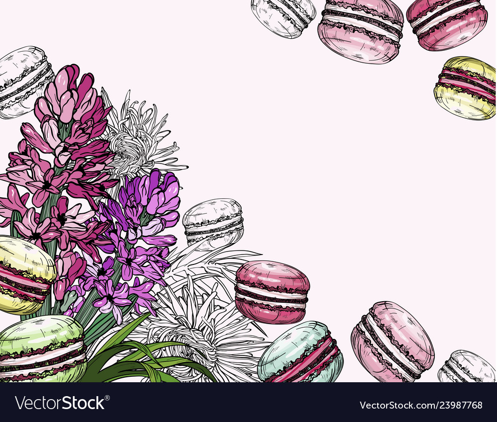 Background with macaroon dessert and spring