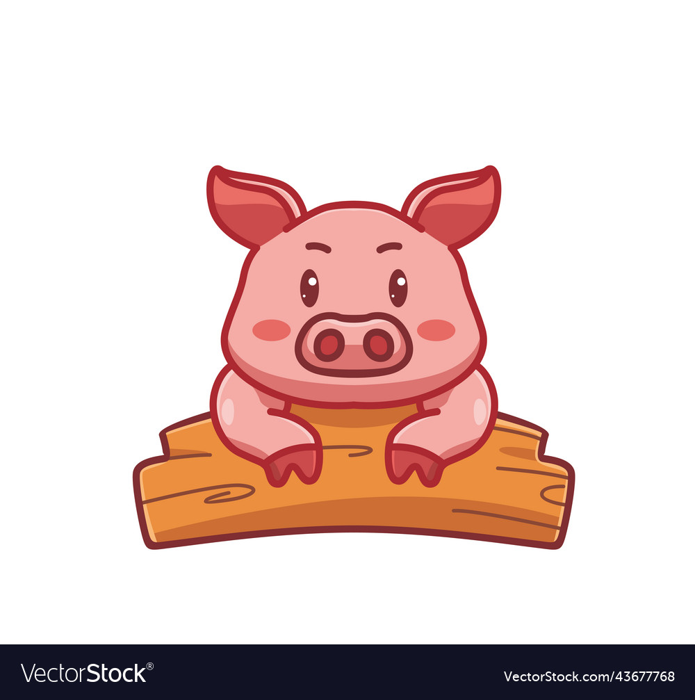 Cute pig on the wooden board cartoon animal