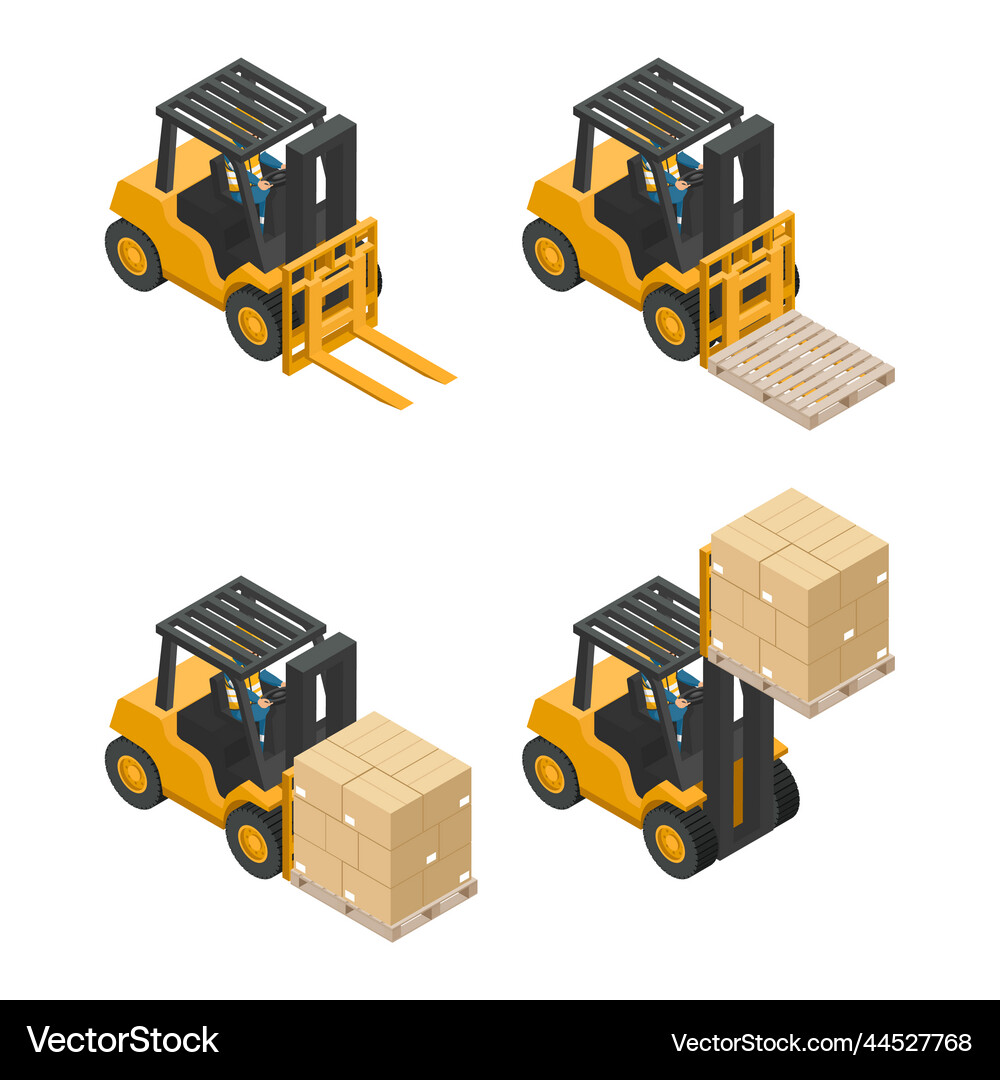 Isometric forklift set lifting load of boxes Vector Image