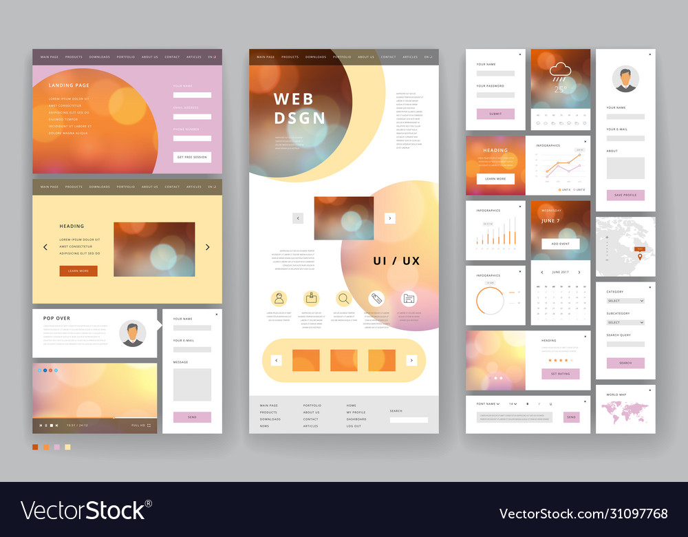 Website template design with interface elements