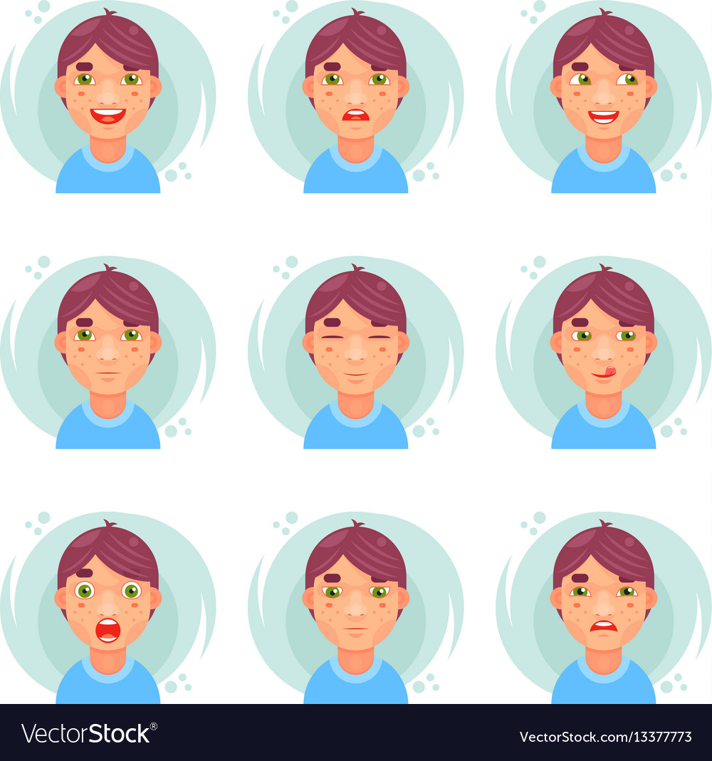 Funny emotions cute boy avatar icons set flat Vector Image