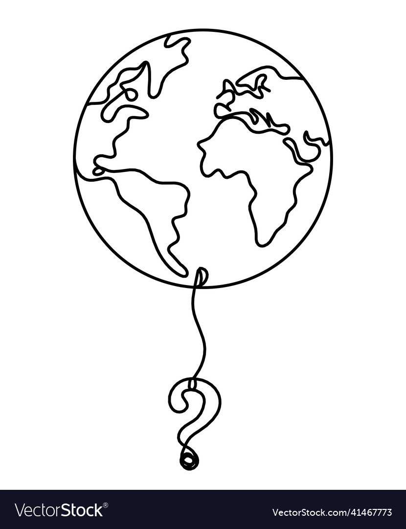 Globe with question mark as line drawing on white