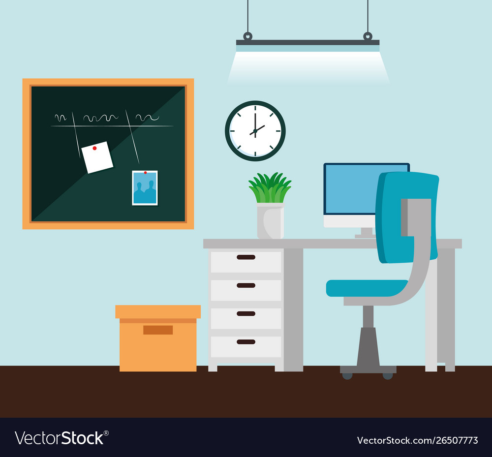 Noteboard with computer and desk with chair Vector Image