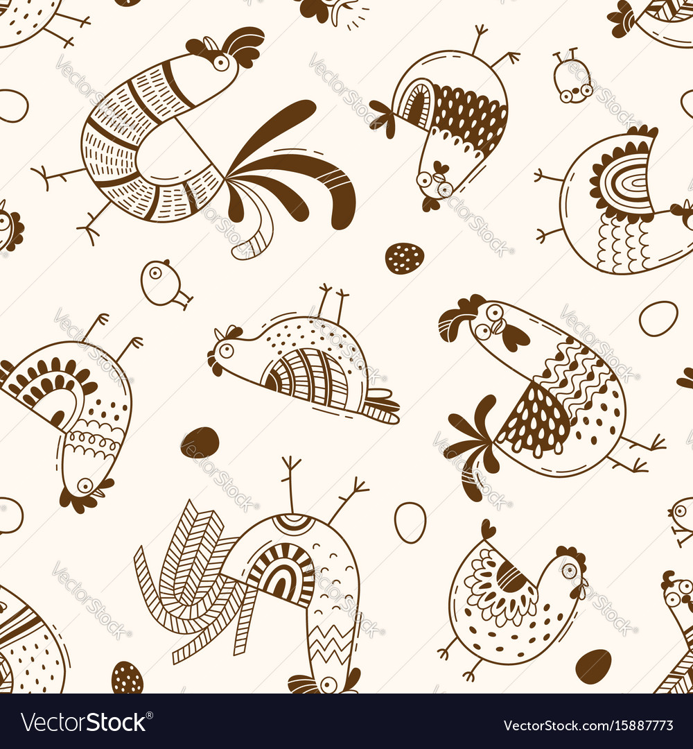 Seamless pattern with chickens roosters eggs